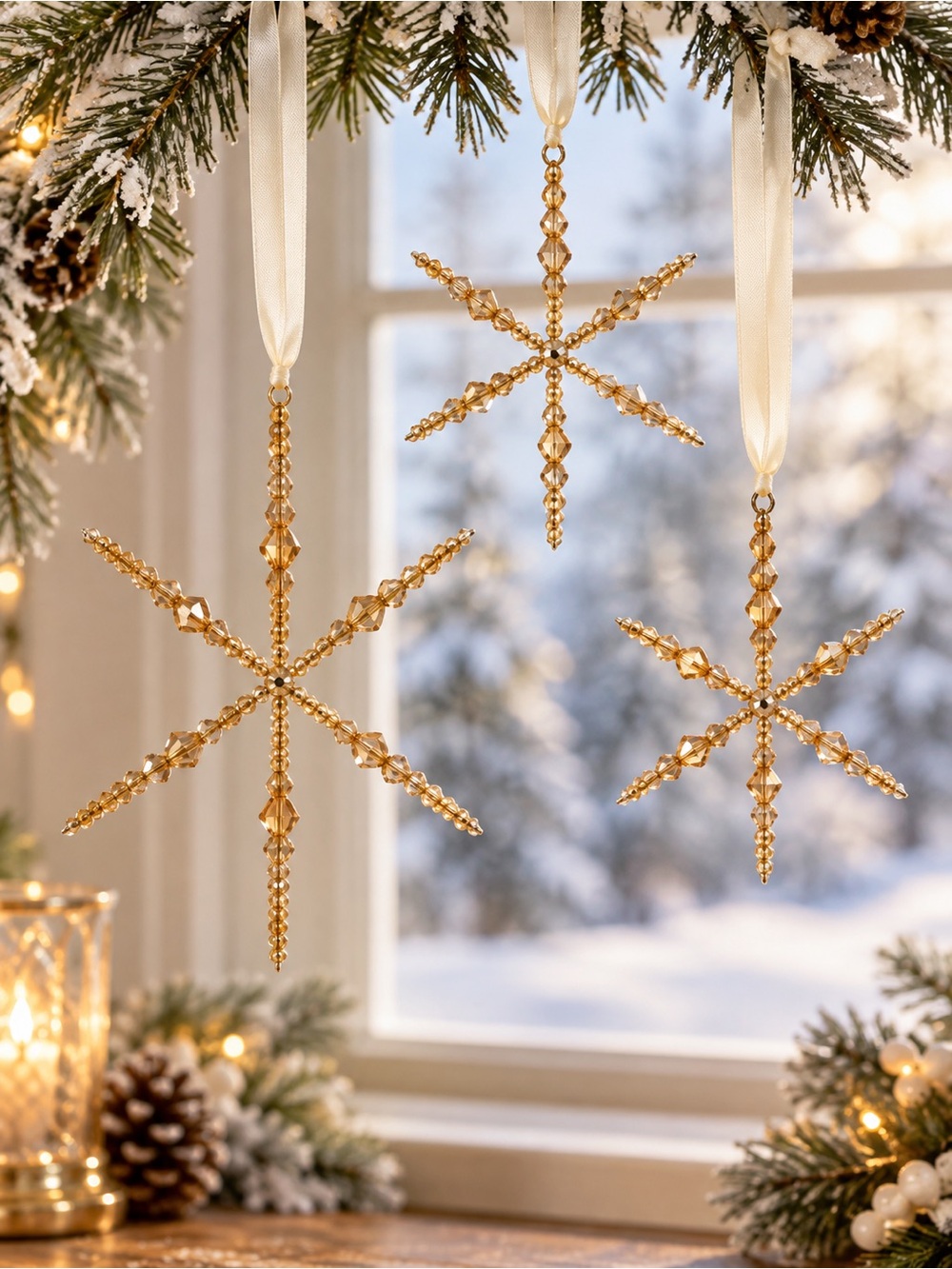 Snowflake Ornament Set of 3 Glass Beaded Champagne Gold Crystal Christmas Decor